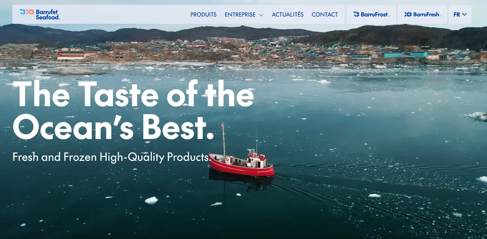 Page d'accueil du site Barrufet Seafood : un bateau de pêche rouge au milieu des glaces, sous le titre The Taste of the Ocean's Best.