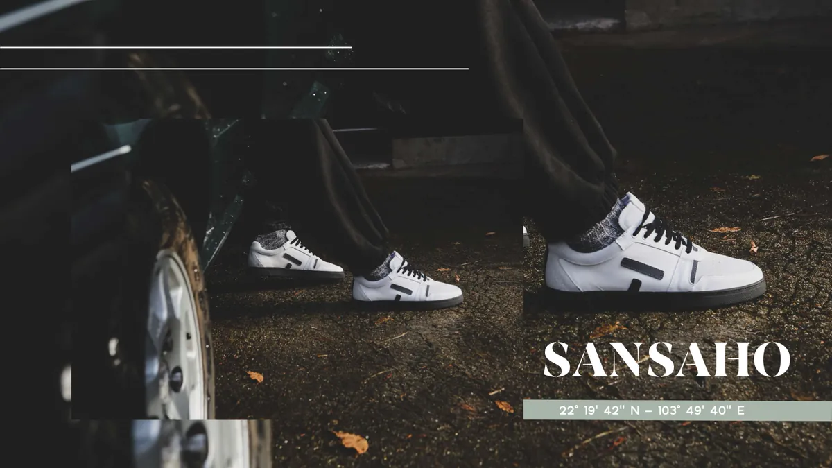 Ouverture du modèle Sansaho : des sneakers blanches en gros plan, près d'une roue de voiture.