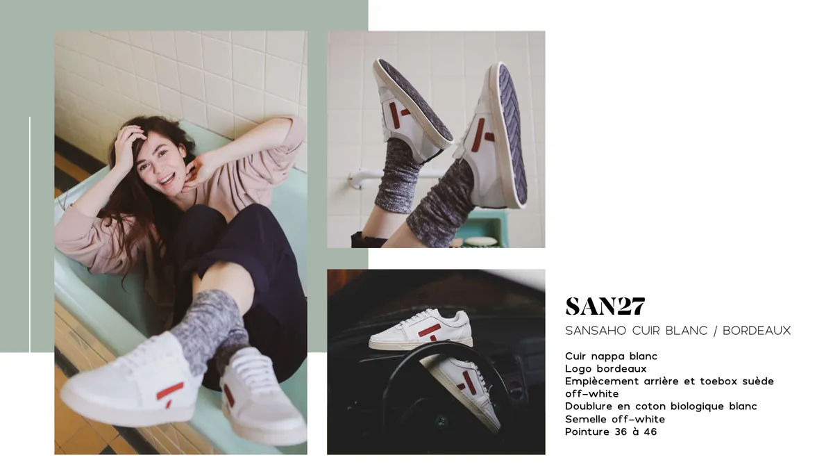 Le modèle SAN27 : photos de mannequin et fiche technique de la sneaker en cuir blanc et bordeaux.