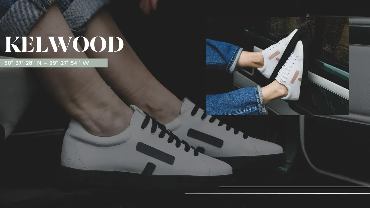 Ouverture du modèle Kelwood : des sneakers blanches et noires portées, en gros plan.