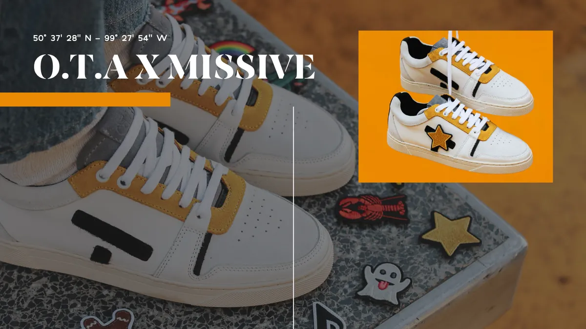 La collaboration O.T.A x Missive : des sneakers à étoile sur fond orange.