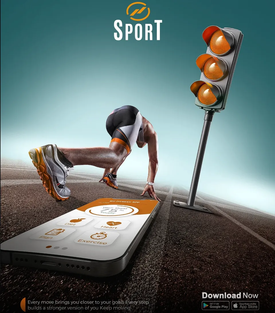 Affiche pour une application de sport : un athlète dans les starting-blocks, un feu tricolore, et un smartphone posé sur la piste, ouvert sur l'appli.